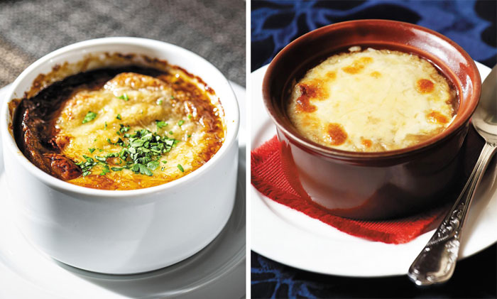 ソウル市鍾路区にあるフレンチレストラン「L’ABRI」のオニオンスープ。数日かけてつくった肉汁を使用する（写真左）。右はソウル市中区にあるイタリアンレストラン「La Cantina」のオニオンスープ。牛肉のスープに任実ピザチーズをのせ、食感を生かしている。／キム・ジョンヨン映像メディア記者、ヤン・スヨル映像メディア記者 