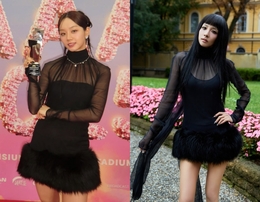 上品なヘリVSシックなダラ、同じ黒のシースルーワンピで異なるムード